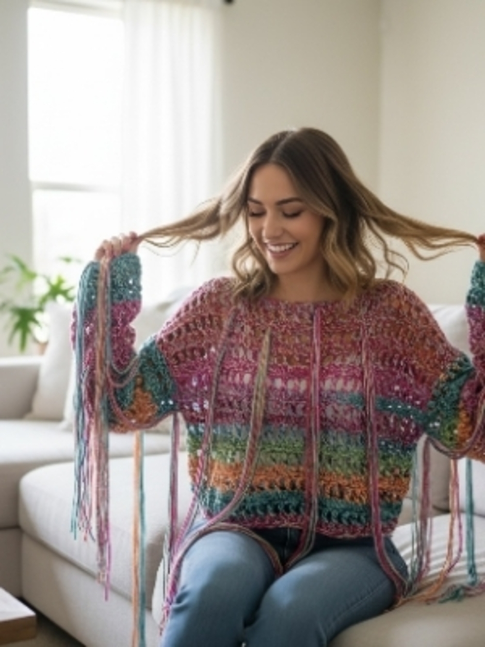 Multicolor Fringe Open-Knit Scoop Neck Sweater - Women